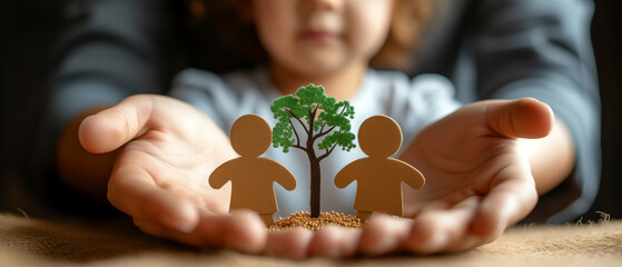 A little girl holds a cardboard family with plants, nature protection protection family protection