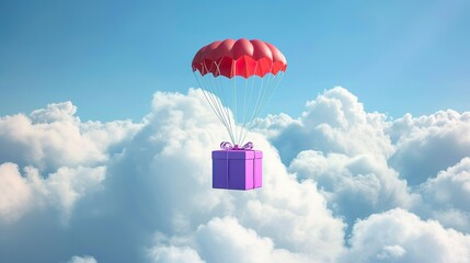 Cute cartoon parachute carrying a purple gift box through fluffy clouds in a whimsical journey - obrazy, fototapety, plakaty