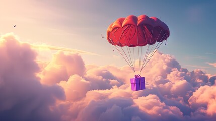 Cute cartoon parachute carrying a purple gift box through fluffy clouds in a whimsical journey