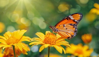 Fototapeta na wymiar orange butterflies on yellow flowers in a garden summer wonderland banner format