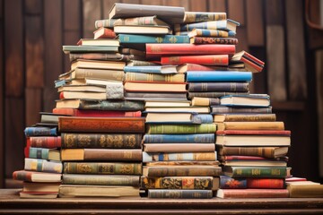 Stack of hardcover colorful and diffrent books on wooden background. World book day, International literacy day, concept of education and learning. Generative ai