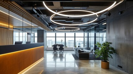 A unique suspended lighting installation creates a focal point in the office drawing the eye upwards and adding a touch of elegance to the space.