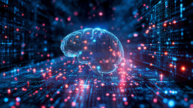 brain surrounded by ai, in a digital world, concept of artificial intelligence