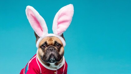 funny easter concept holiday animal celebration greeting card cool cute french bulldog dog pet wearing a jogging suit with rabbit bunny ears isolated on blue background - obrazy, fototapety, plakaty