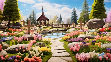 A panoramic view of an Easter Resurrection garden, showcasing wooden crosses amidst colorful spring...