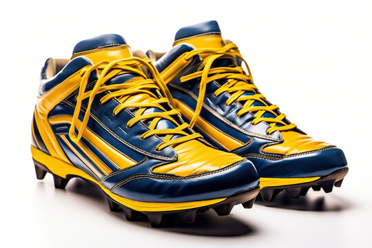 American football boots in yellow and blue colors with spikes on a white background. Generated by artificial intelligence