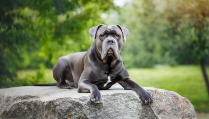 purebred italian cane corso blue color majestically rests on a grey stone in the park on a summer day funny dog portrait on a postcard - obrazy, fototapety, plakaty