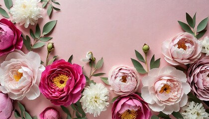 frame of handcrafted peony paper flowers in various shades of pink creating an elegant border on a soft pink background