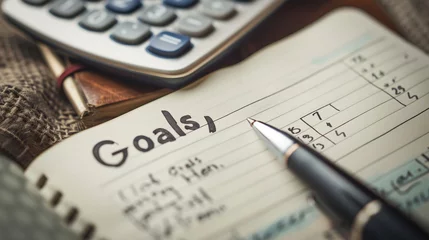Foto op Canvas A savings journal opened to a page titled Goals with a pen and a calculator beside it © Somsantech