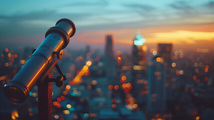 A vintage telescope overlooking a city skyline at dusk representing future financial outlooks