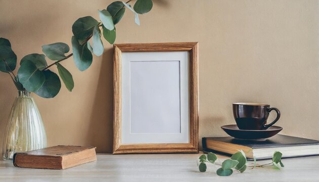 empty wooden picture frame poster mockup hanging on beige wall background vase with green eucalyptus tree branches on table cup of coffee books working space home office modern art display