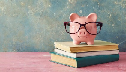 piggy bank in eyeglasses with books on grunge pink table near wall