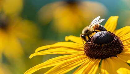 bee on black eyed susan defocused yellow nature background