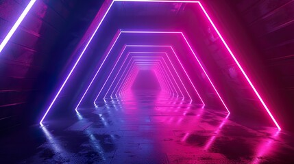 Fototapeta premium 3d render, abstract neon background, space tunnel turning to left, ultra violet rays, glowing lines, virtual reality jump, speed of light, space and time strings, highway night lights