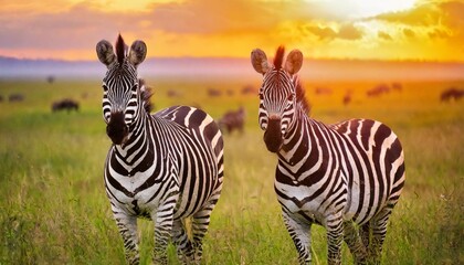 zebras in the african savanna at sunset serengeti national park tanzania africa banner format - obrazy, fototapety, plakaty