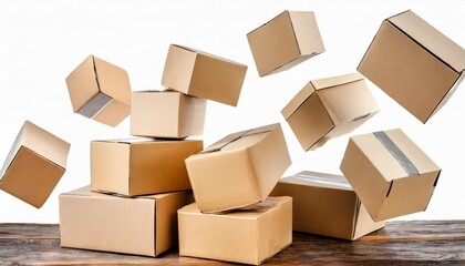 cardboard parcel boxes falling isolated on a white