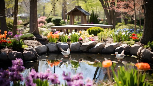 A peaceful pond reflecting the image of wooden crosses standing tall amidst the vibrant foliage of an Easter Resurrection garden.
