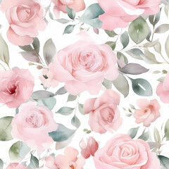 Seamless floral pattern with watercolor pink roses and green leaves. Print for wallpaper, cards, fabric, wedding stationary, wrapping paper, cards, backgrounds, textures