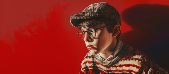 Portrait of a teenager wearing a tweet cap and a warm sweater on a red rich background with copy space for text, the idea of going back to school after the holidays - obrazy, fototapety, plakaty