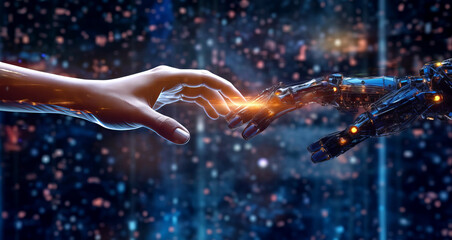 Touching of robot and human finger. Machine learning concept. Neural networks connection. Artificial intelligence technology