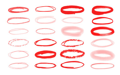 Set of hand-drawn highlighting brush elements. Sketched set for presentation and social media. Red ovals for selection of the important text. Vector illustration