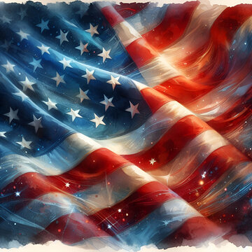 Colorful Art of Background with Semi-Distressed Grunge Aquarelle Painting of a National Symbol 50 Star American Flag Symbol from the United States USA Flags Blowing in Wind. 4th of July Celebrations
