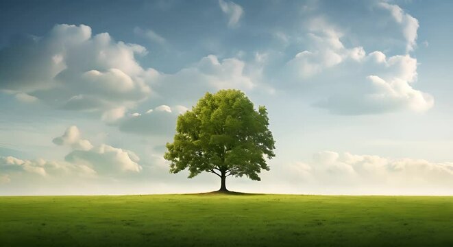 Majestic Lone Tree on a Verdant Hillside Against a Dynamic Sky with Moving Clouds - A Serene Nature Scene Pack, tree, landscape