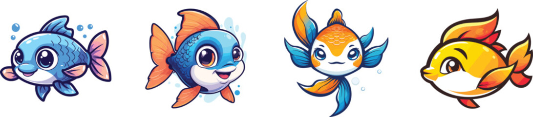Cute playful fish vector set, safari and jungle animals illustration, unique character designs for marine life and rainforest themes, ideal for children's content, educational materials, and wildlife 