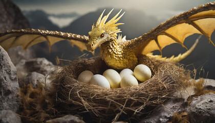 A realistic golden dragon is protecting its eggs in the nest