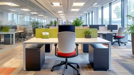 The ergonomic emphasis in this office promotes healthy posture and reduces strain for increased productivity. - obrazy, fototapety, plakaty