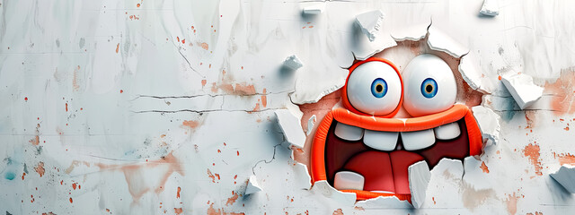 a cartoon face is coming out of a hole in a wall, copy space