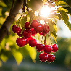 close-up of a fresh ripe cherries hang on branch tree. autumn farm harvest and urban gardening concept with natural green foliage garden at the background. selective focus - obrazy, fototapety, plakaty
