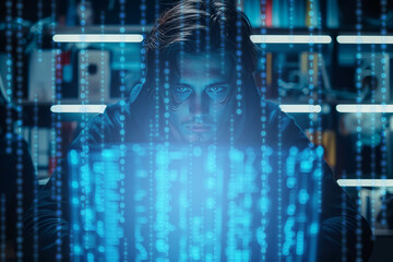 Hacker and malware. Hacker front of his computer committing digital cybercrime, Network security and privacy crime