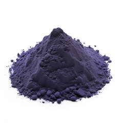 close up pile of finely dry organic fresh raw wild indigo root powder isolated on white background. bright colored heaps of herbal, spice or seasoning recipes clipping path. selective focus - obrazy, fototapety, plakaty