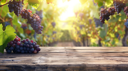 
Ripe grape harvest And Empty wooden table with rural background. Selective focus on tabletop.
