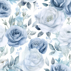 Seamless floral pattern with watercolor blue roses and green leaves. Print for wallpaper, cards, fabric, wedding stationary, wrapping paper, cards, backgrounds, textures