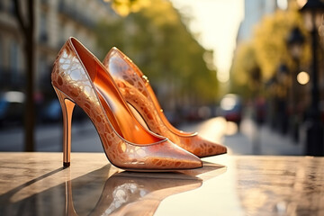 Elegant leather women's high-heeled shoe against a city bokeh background. Generated by artificial intelligence - obrazy, fototapety, plakaty