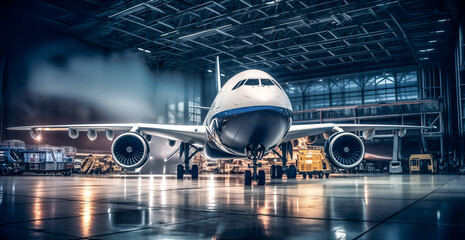Passenger aircraft on maintenance of engine and fuselage repair in airport hangar.