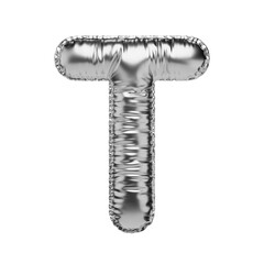 Letter T in the form of a foil balloon isolated on a transparent background. PNG 3D render. Letter of the Latin alphabet. Silver volumetric letter with matte texture.
