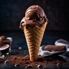 Chocolate  Ice-cream in cone standing on the table