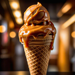 Ice-cream in cone standing on the table