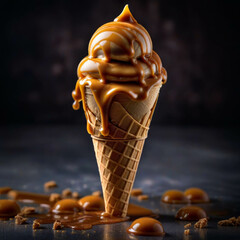 Caramel Ice-cream in cone standing on the table