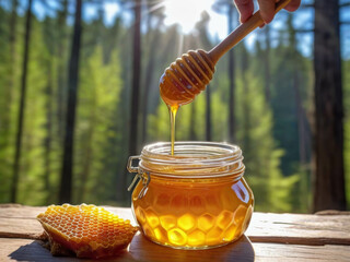 honey in glass jar with wooden spoon in nature