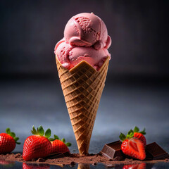 Strawberry Ice-cream in cone standing on the table