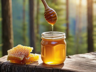 honey in glass jar with wooden spoon in nature