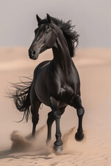 A black horse standing on its hind legs in the desert. Black horse runs on the sand in the desert.
