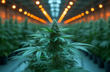 Large cannabis plant is shown in greenhouse with orange lights. A cannabis leaf is grown in a lab room on the plant