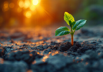 Young plant growing in the morning light on nature background. A plant is emerging from dry earth
