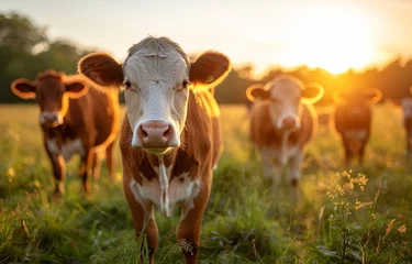 Foto op Aluminium Young calves are grazing in meadow at sunset. A group of brown and white cows graze in the field. © Анна Терелюк