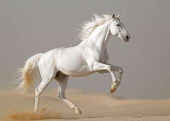 White horse runs gallop on sand in the desert. A white horse standing on its hind legs in the desert
